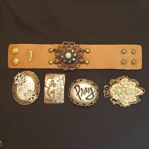 Plunder faux leather cuff and lot of 5 brooches